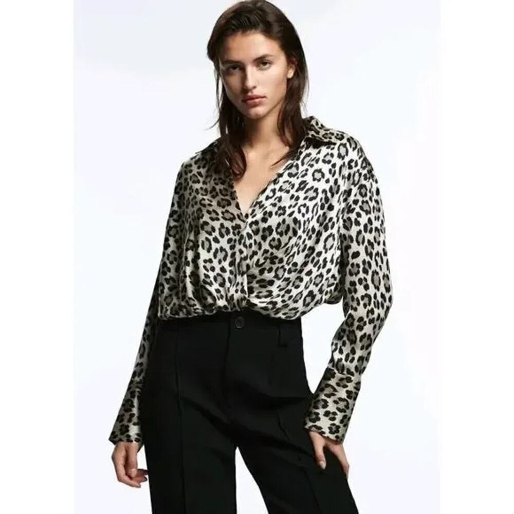 ZARA Cheetah Print Blouse Women Sz M Twist Black Mob Wife Career Crop